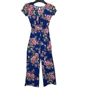 Vintage Paper Doll jumpsuit romper floral size 10 blue pink front tie READ